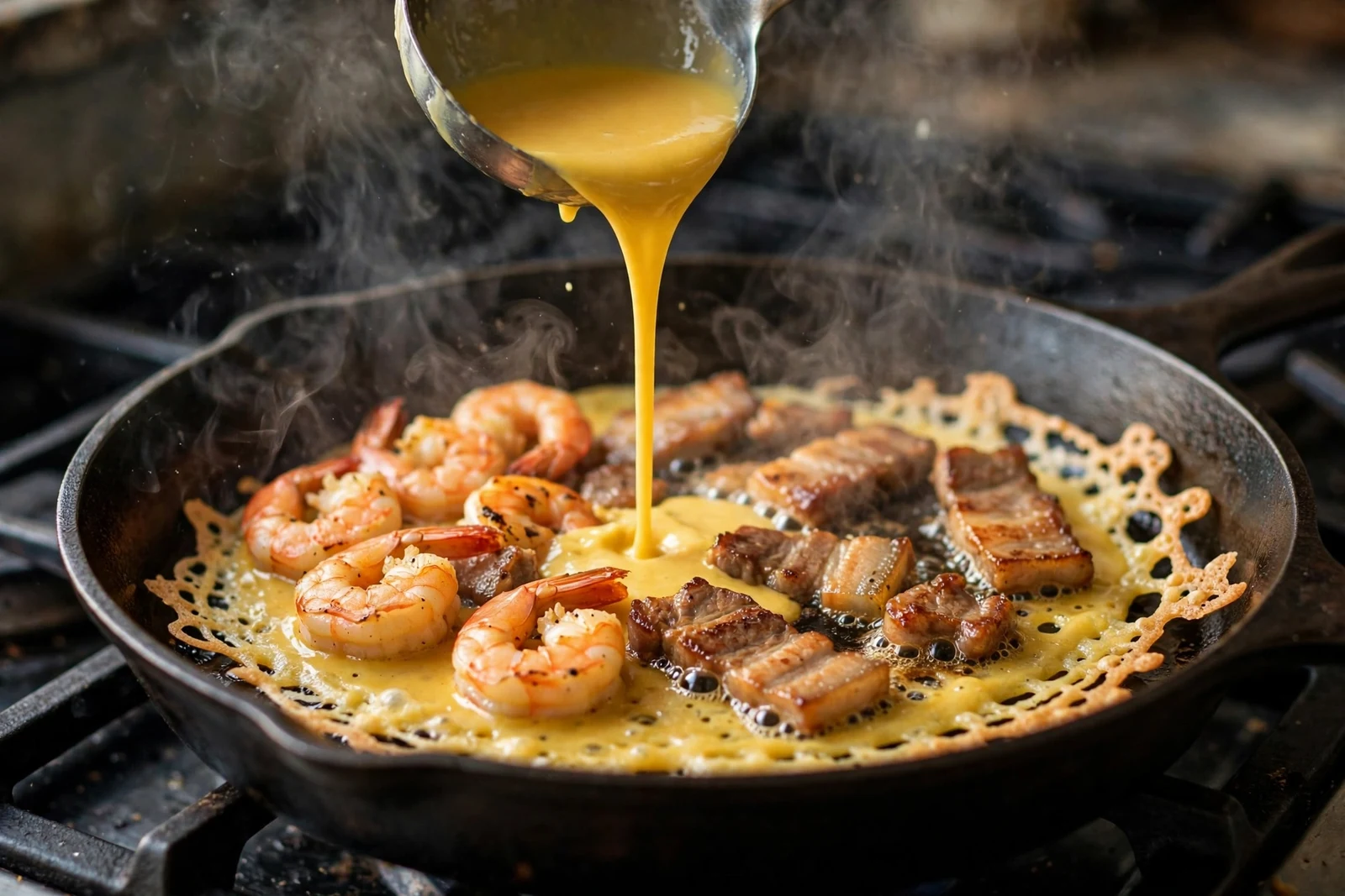 Pouring thin banh xeo batter into a hot skillet over seared shrimp and pork
