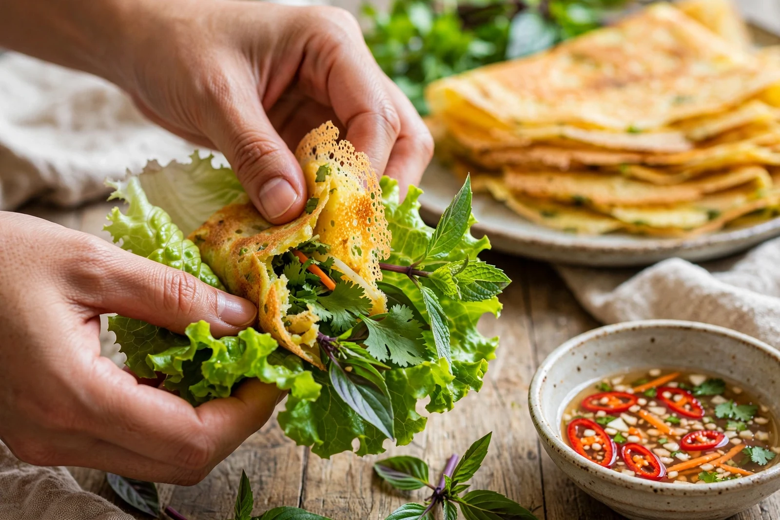 Wrapping a piece of banh xeo in lettuce with fresh herbs