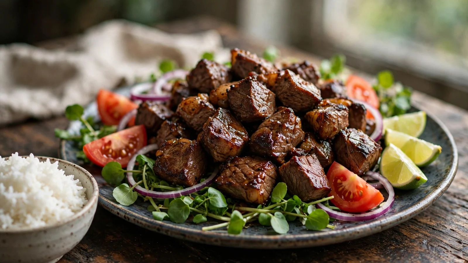 Platter of Vietnamese bo luc lac shaking beef over watercress with lime wedges and rice