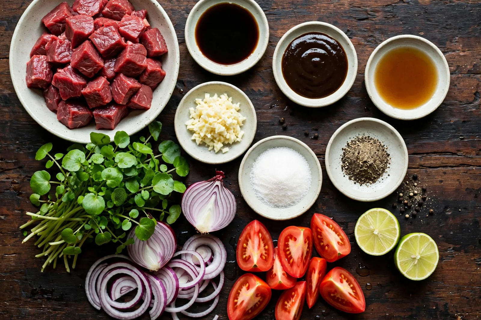 Ingredients for bo luc lac arranged on a counter: beef cubes, soy sauce, garlic, watercress, lime