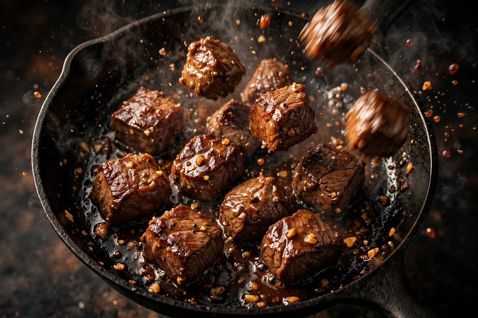 Beef cubes searing in a hot cast-iron skillet with caramelized edges