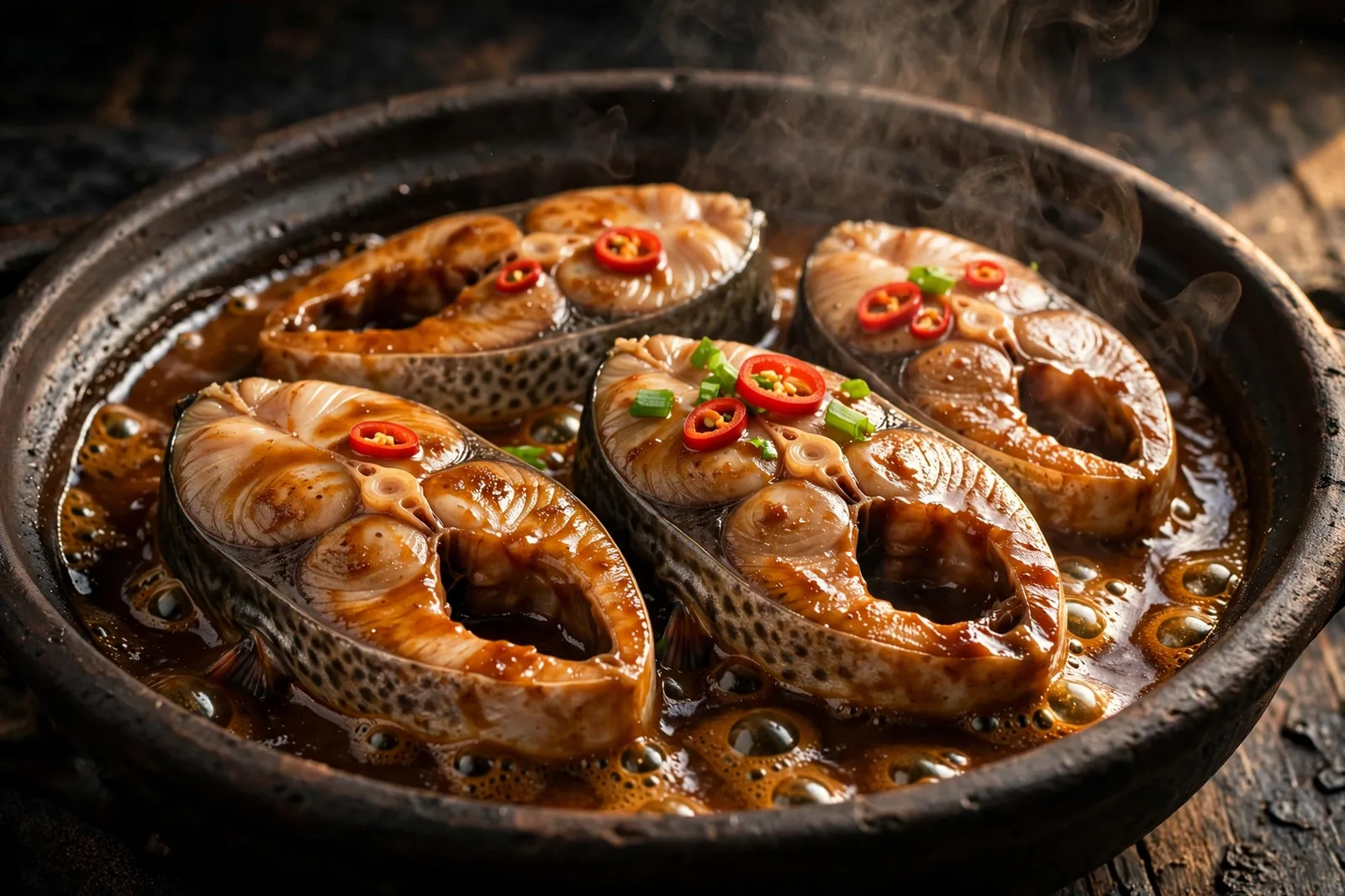 Close-up of ca kho to braising in glossy caramel sauce