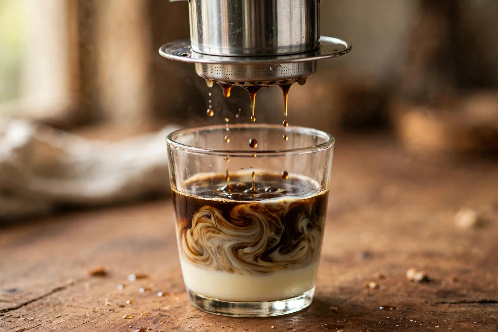Coffee dripping from a phin filter into condensed milk in a glass