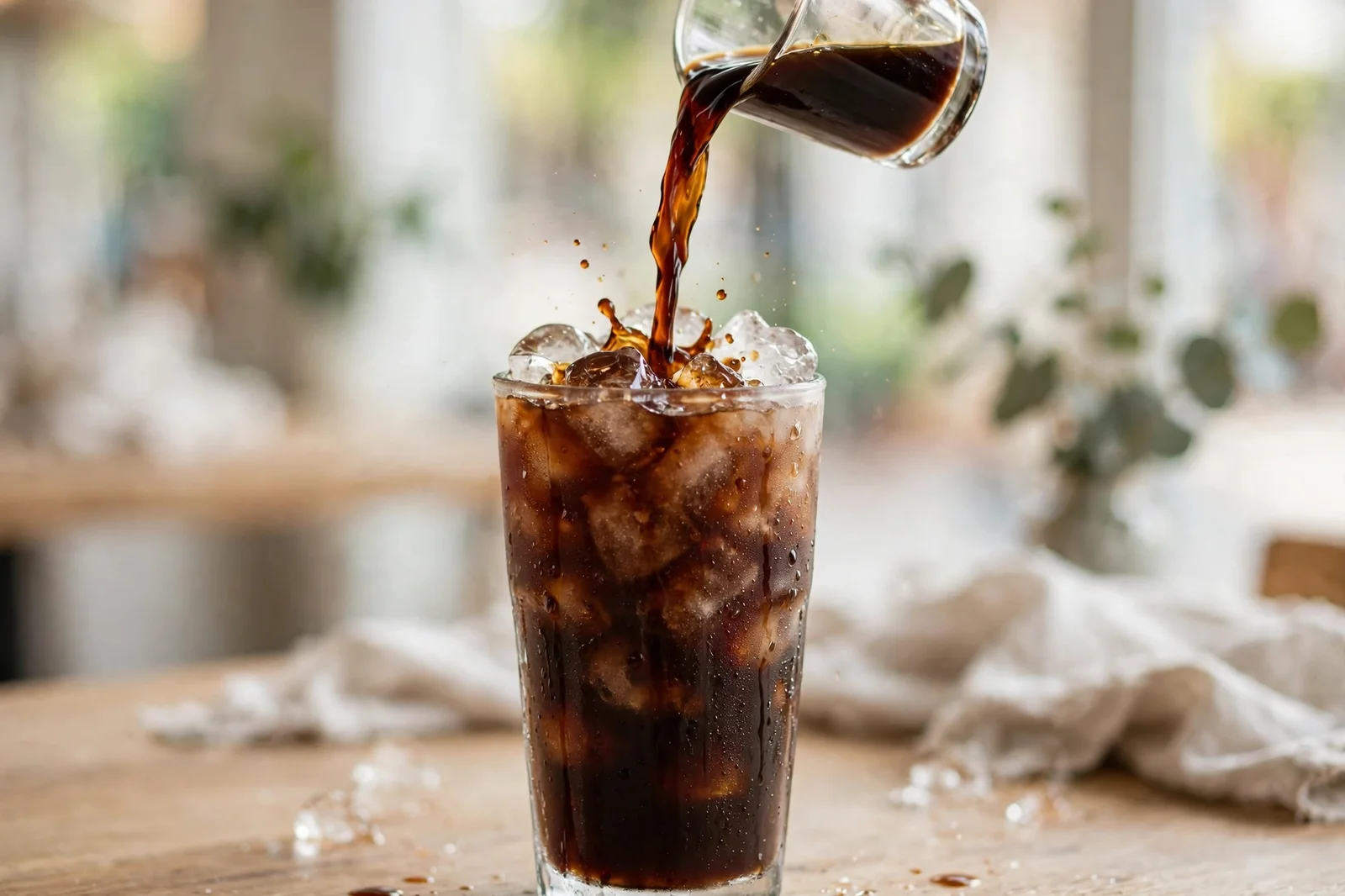 Vietnamese iced coffee poured over a tall glass of ice