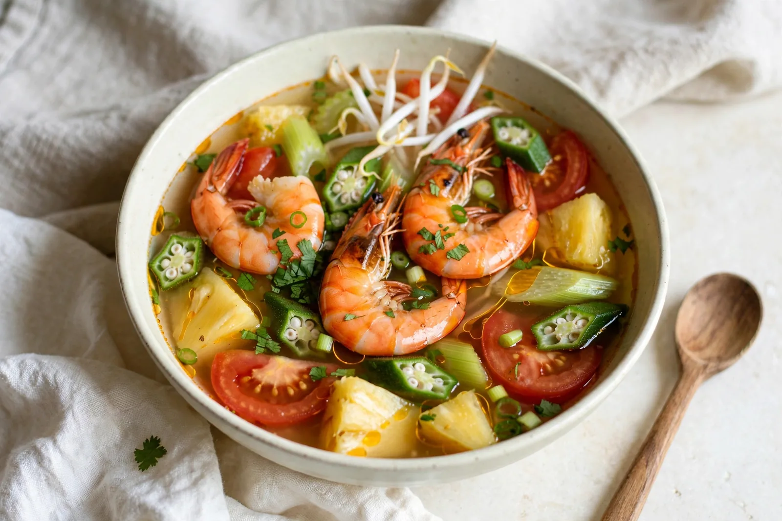 Vietnamese sweet-sour shrimp soup (canh chua tom) with tomatoes, okra, and pineapple