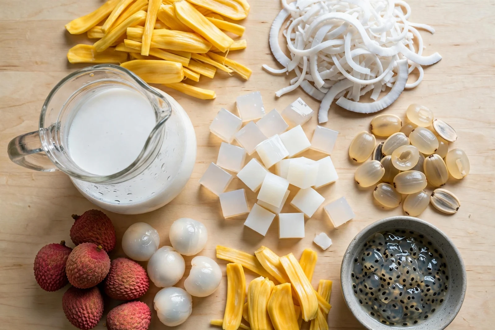 Chè Thái ingredients: jackfruit strips, young coconut meat, palm seeds, nata de coco, lychees, and coconut milk