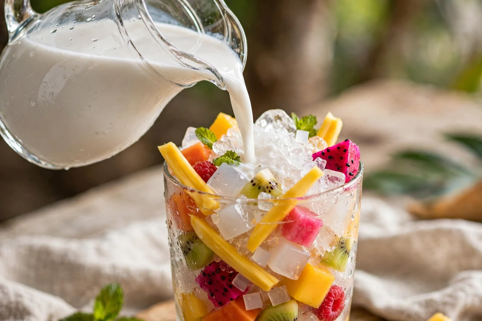 Pouring sweetened coconut milk over a tall glass of chè Thái fruit and crushed ice