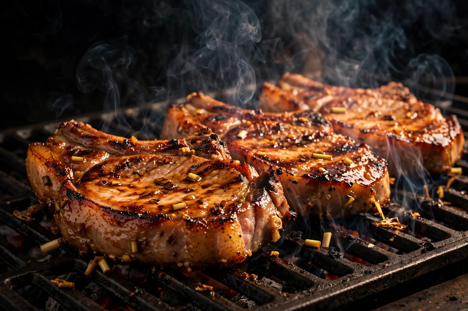 Grilled Vietnamese lemongrass pork chops with caramelized charred edges on a hot grill