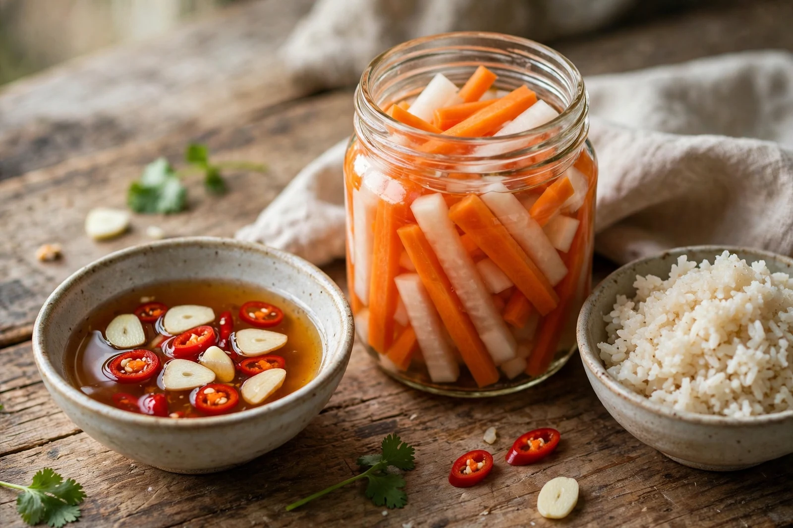 Nuoc cham dipping sauce with garlic and chilies, pickled carrots and daikon, and a bowl of broken rice