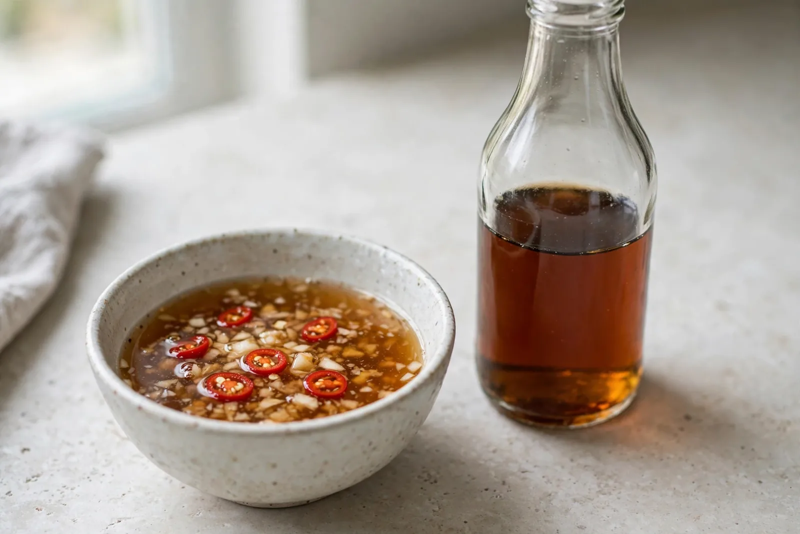 Fish sauce bottle beside a small bowl of dipping sauce