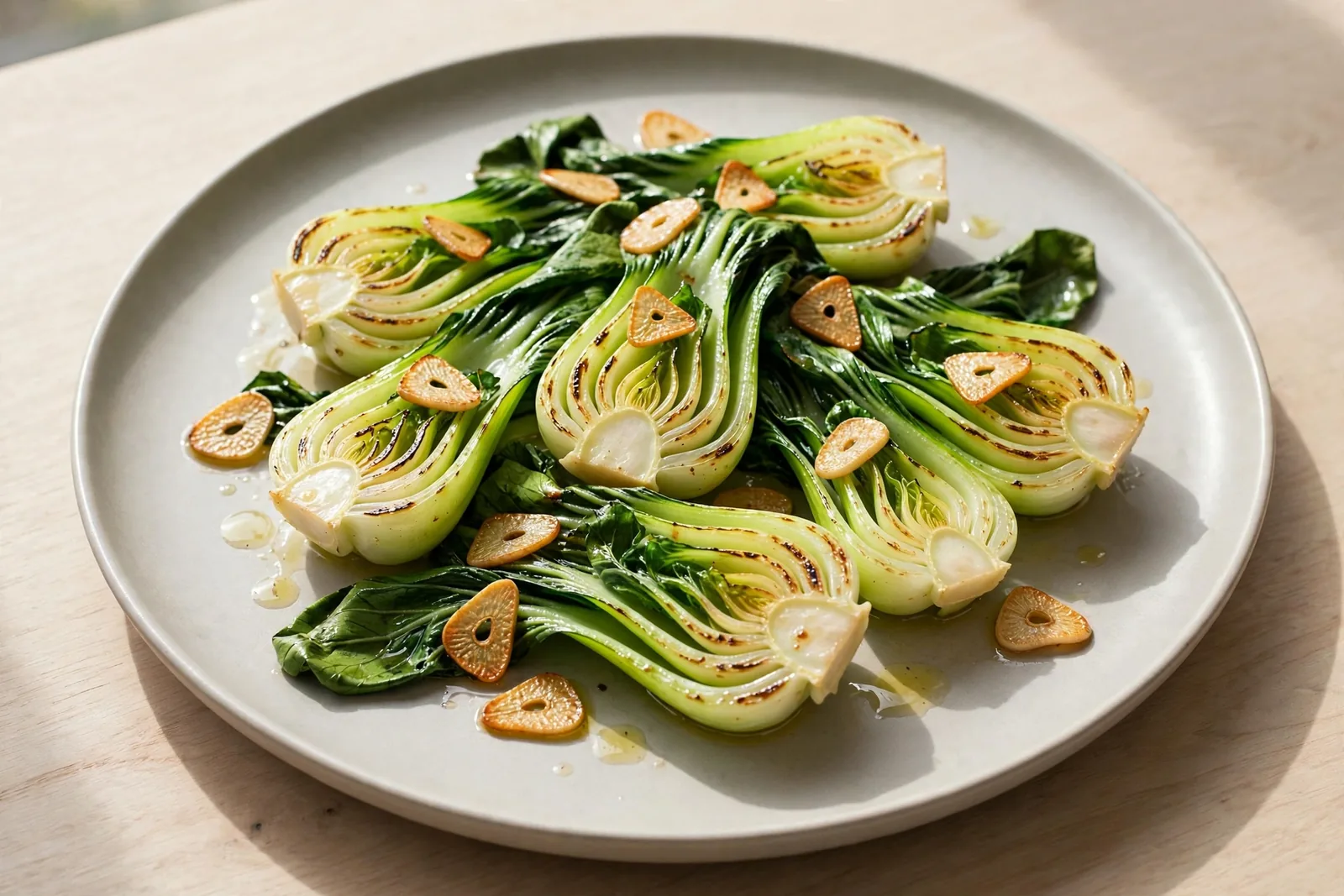 Stir-fried bok choy with garlic on a plate