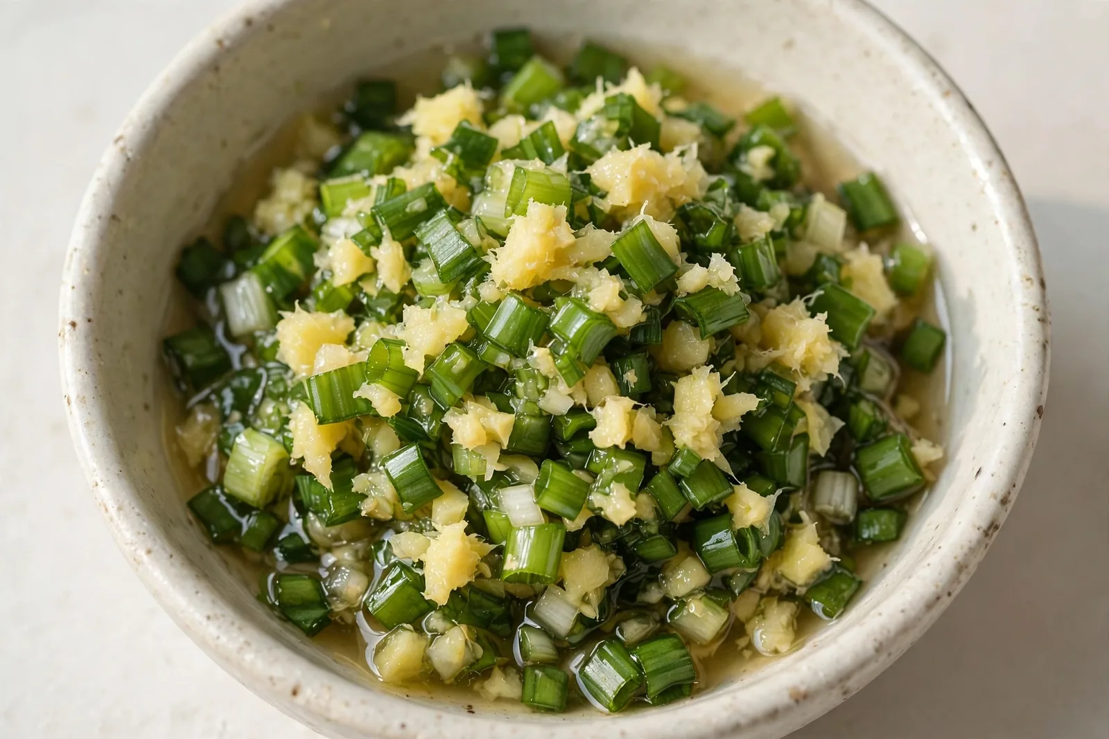 Bowl of ginger scallion sauce with minced ginger and scallions