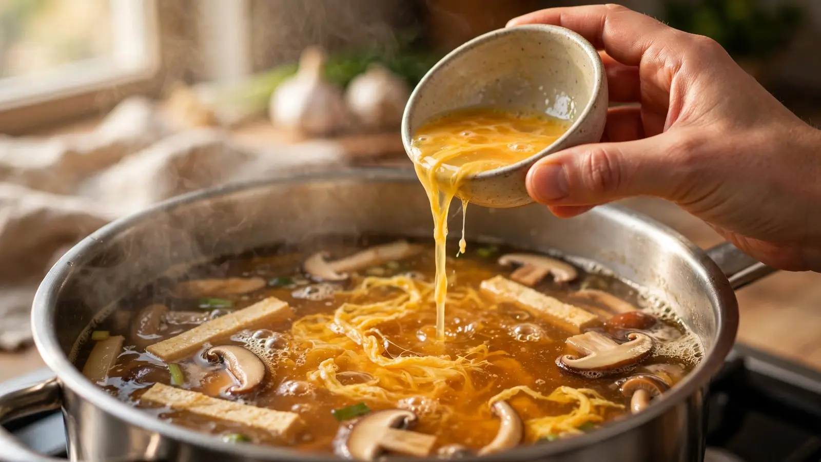 Beaten egg being drizzled into simmering hot and sour soup to form ribbons