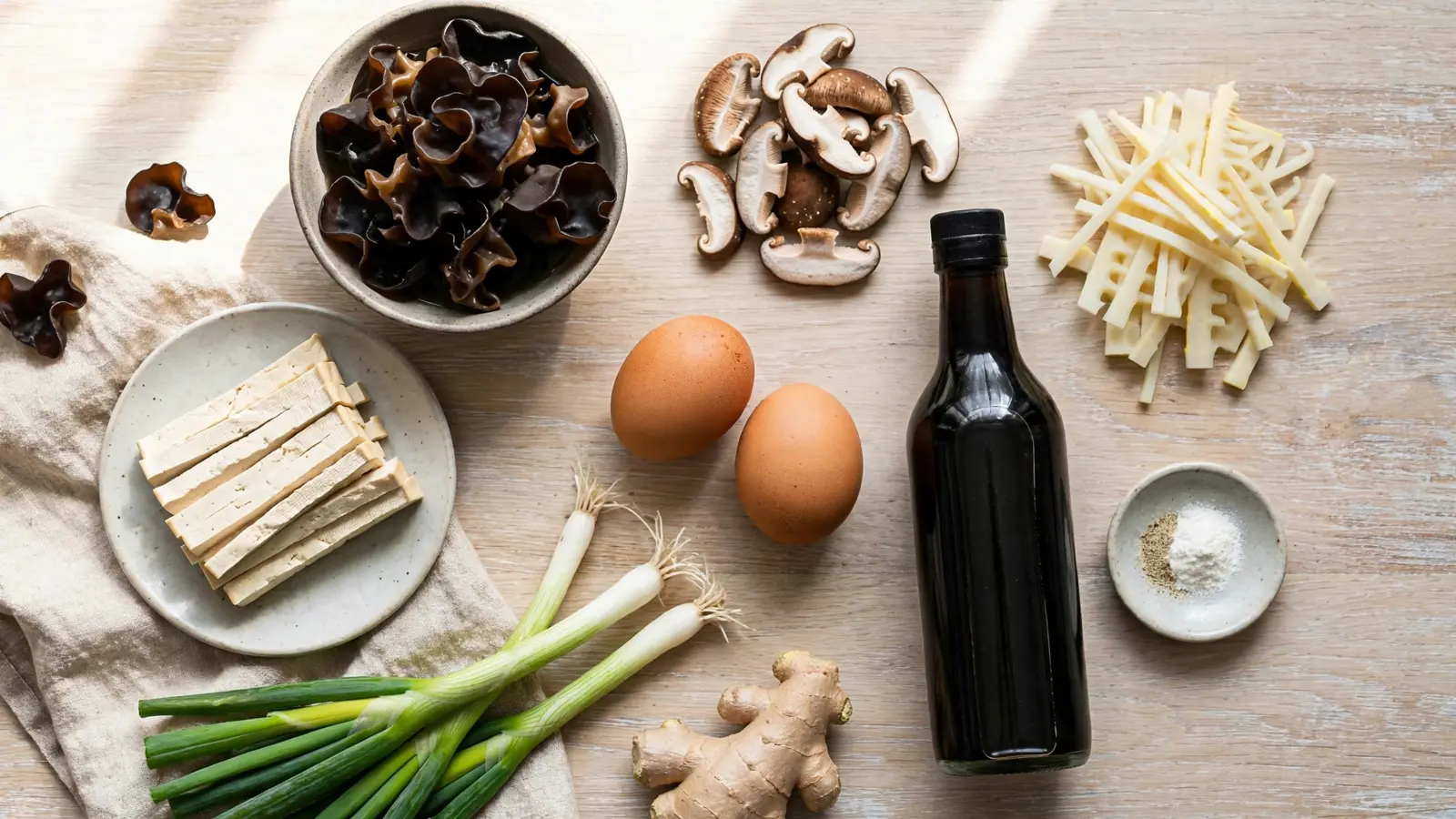 Hot and sour soup ingredients: wood ear mushrooms, tofu, bamboo shoots, eggs, black vinegar, and scallions