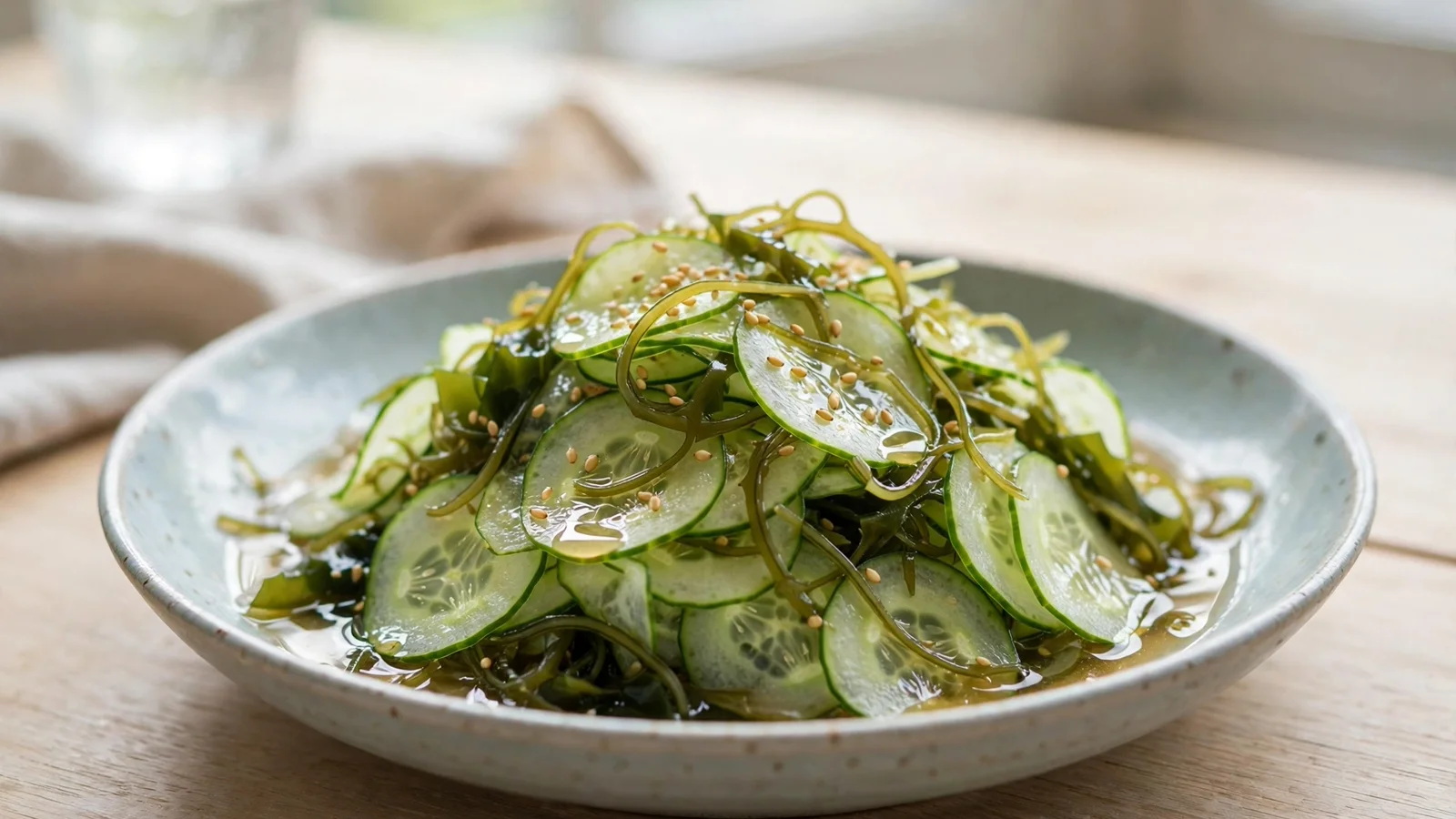 Japanese cucumber sunomono salad with wakame and sesame seeds in a ceramic bowl