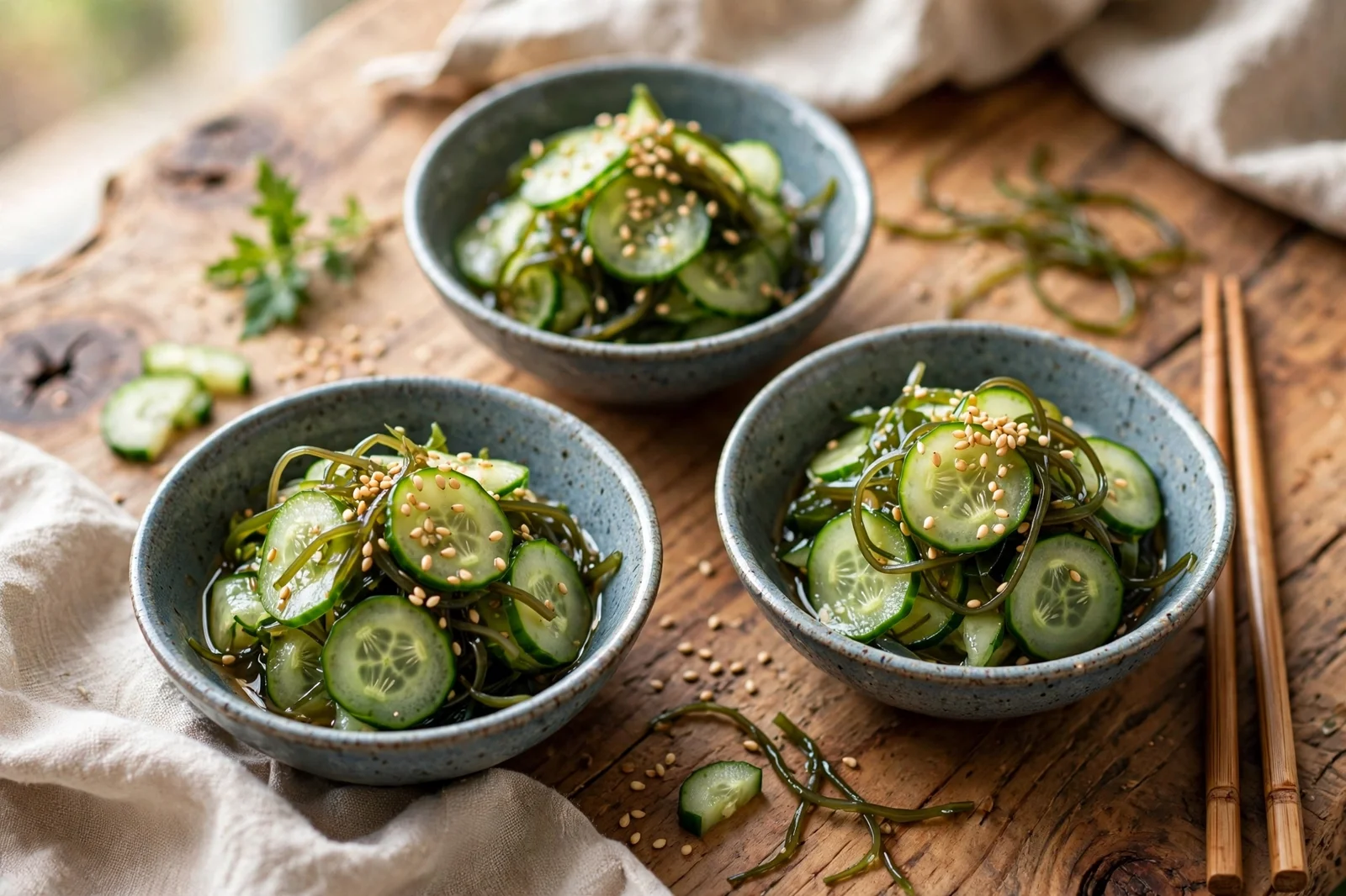 Individual bowls of Japanese cucumber sunomono salad with chopsticks