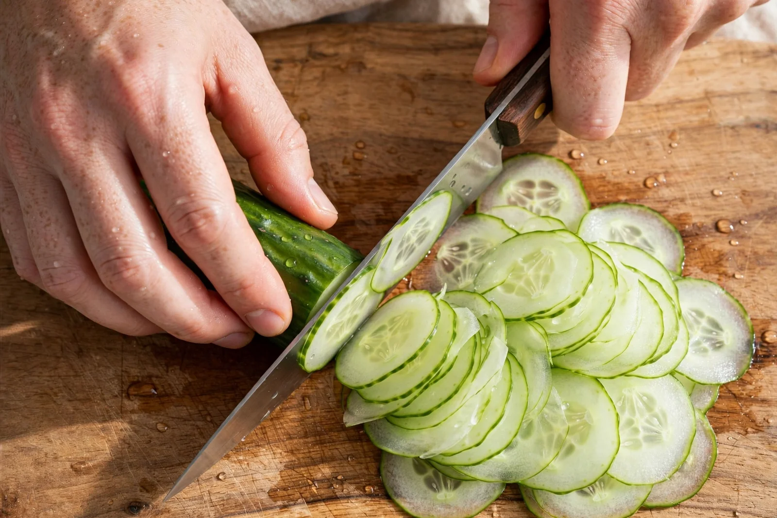 Slicing an English cucumber paper-thin on a wooden cutting board