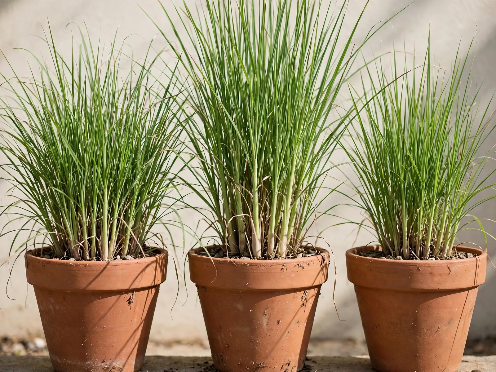 Lemongrass growing in terracotta pots