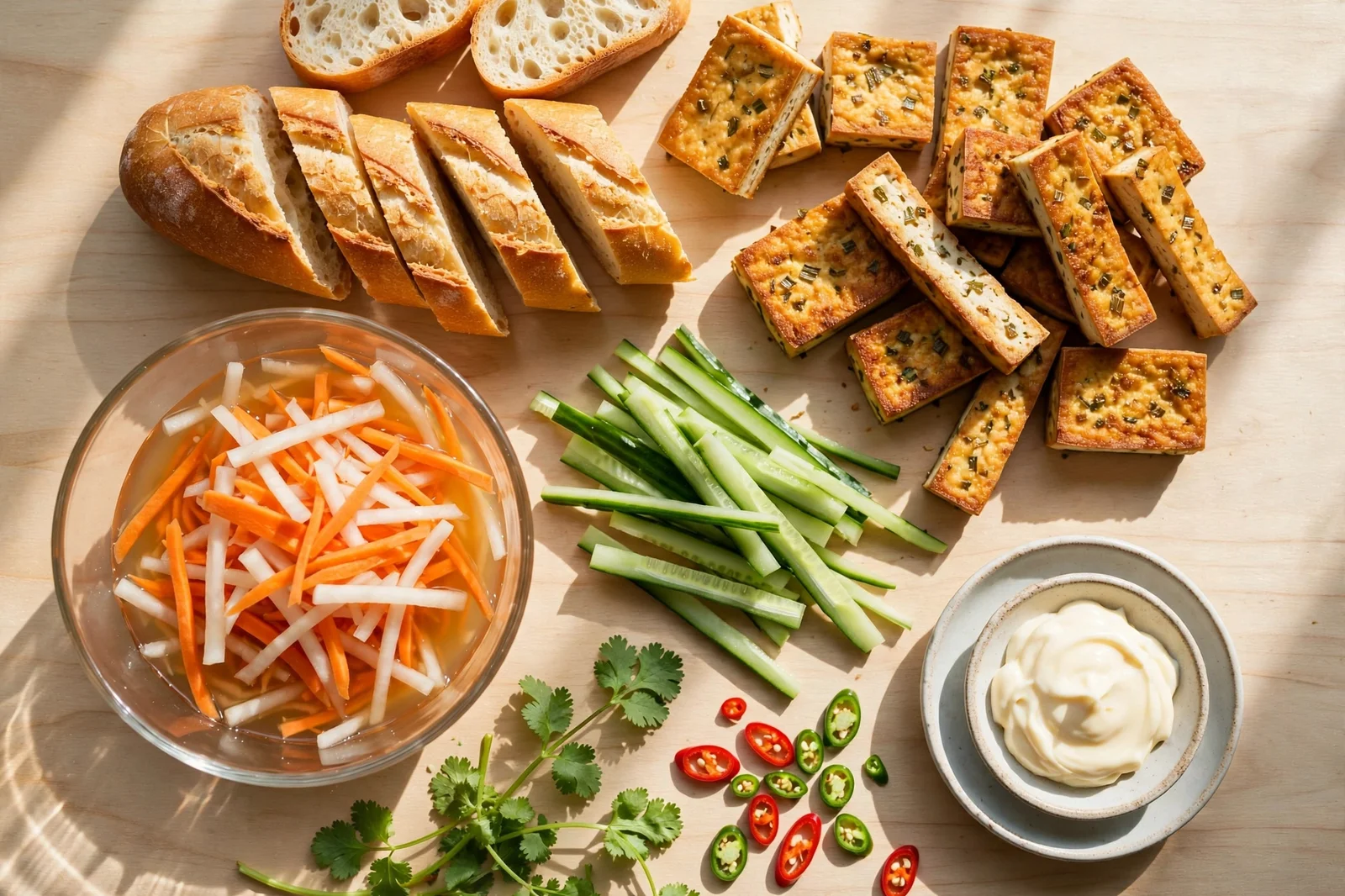 Banh mi assembly ingredients: sliced baguette, seared lemongrass tofu, pickled carrots and daikon, cucumber, cilantro, chilies, and mayonnaise
