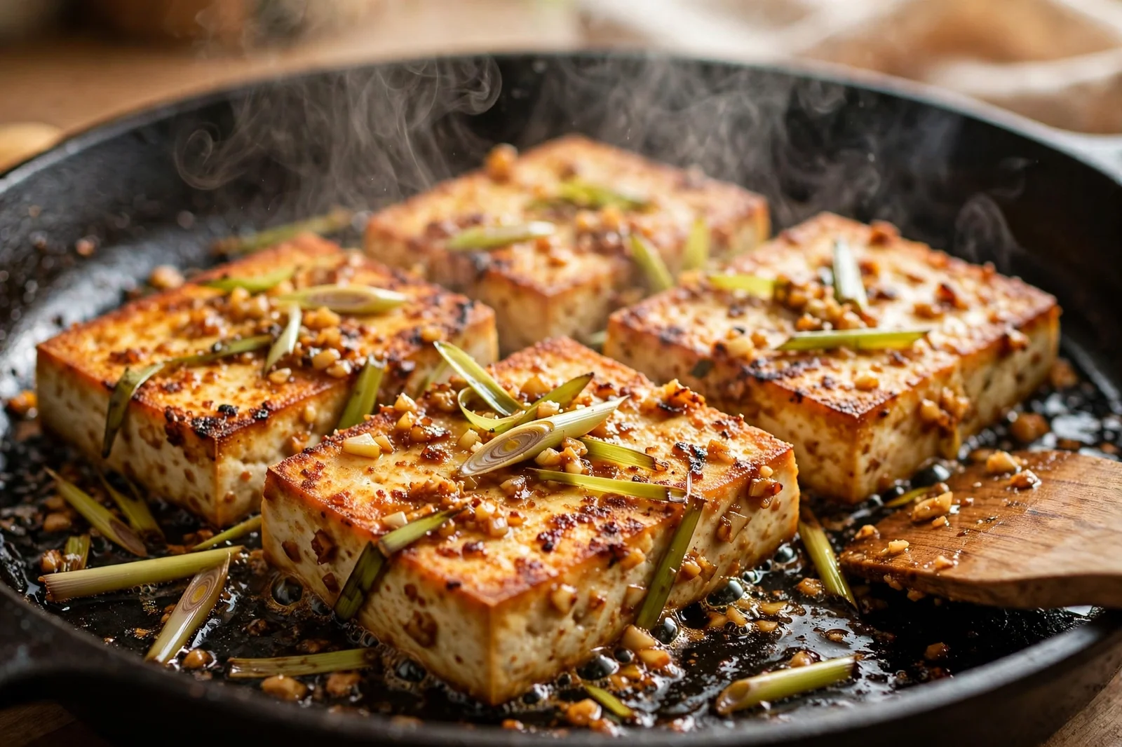 Lemongrass-marinated tofu slices searing in a cast iron skillet until golden and crisp at the edges