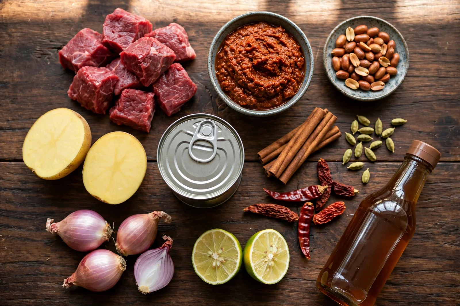 Ingredients for massaman curry with beef: beef chunks, potatoes, massaman curry paste, coconut milk, peanuts, cinnamon, cardamom, dried chiles, shallots, lime, and fish sauce