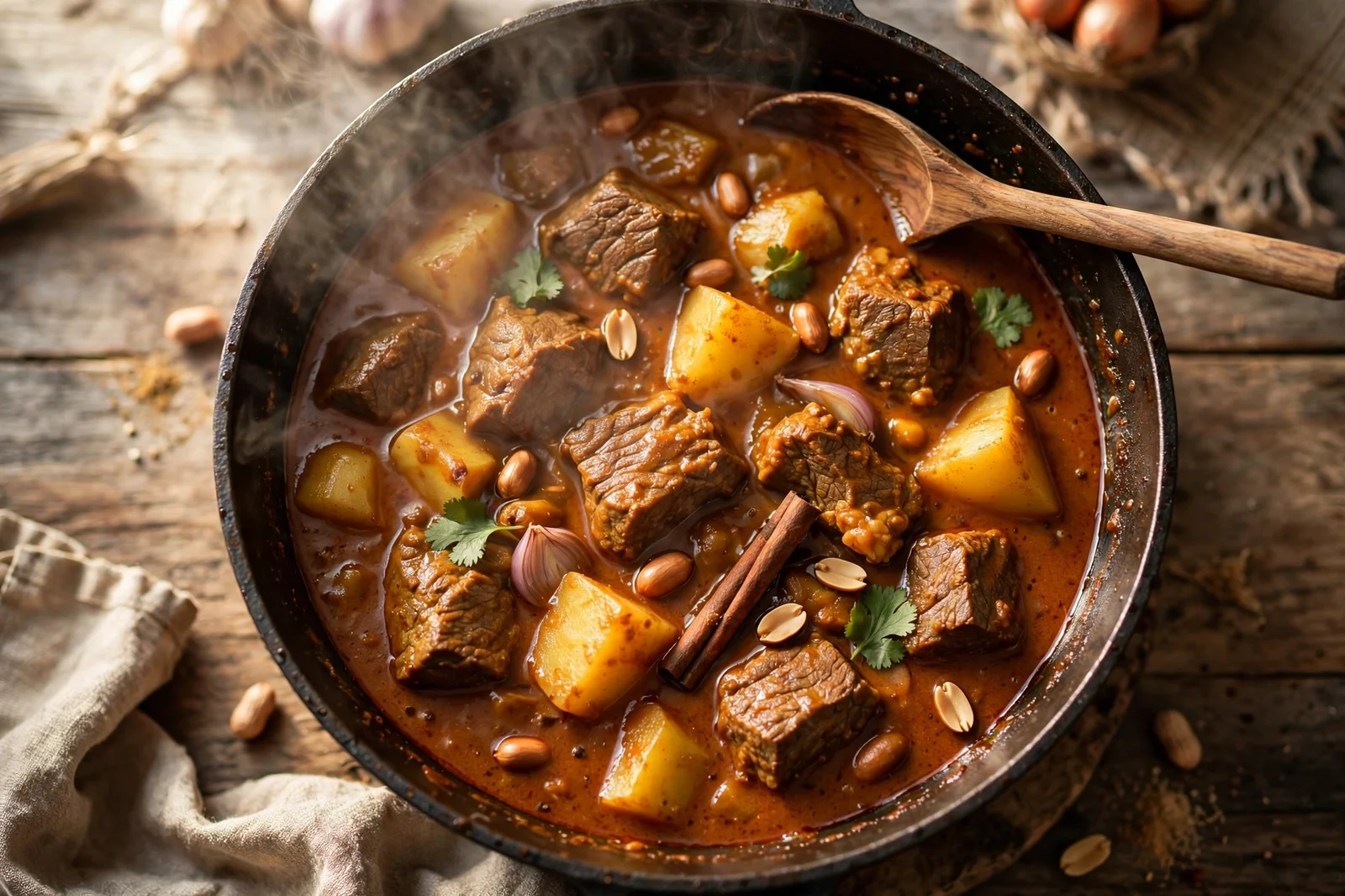 Massaman curry with beef simmering in a pot with potatoes, peanuts, and a cinnamon stick