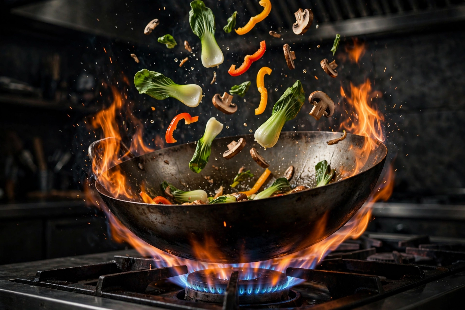 Vegetables tossing in a wok over high open flames