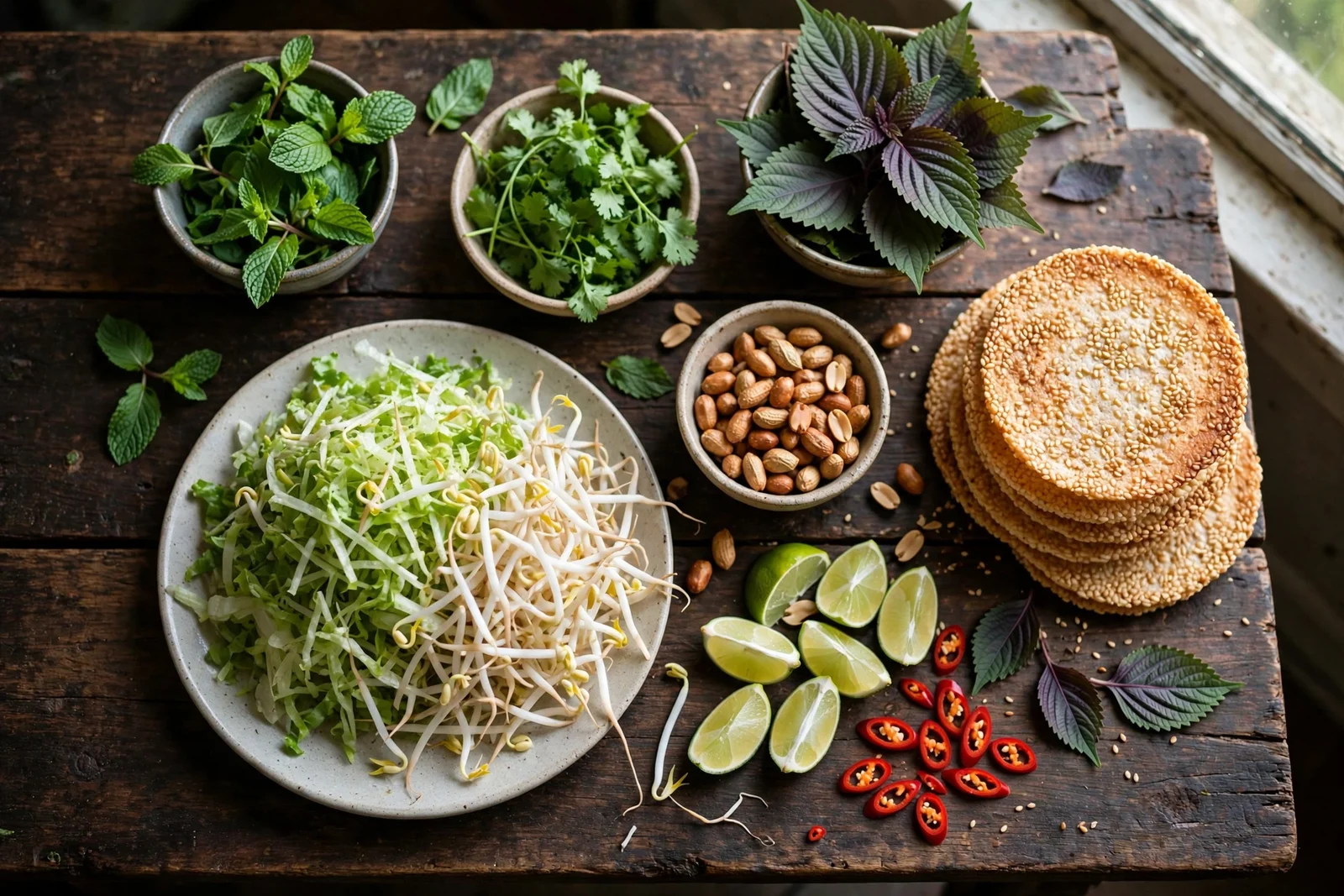 Vietnamese herb and garnish spread: lettuce, bean sprouts, mint, cilantro, perilla, peanuts, lime, chilies, and sesame rice crackers
