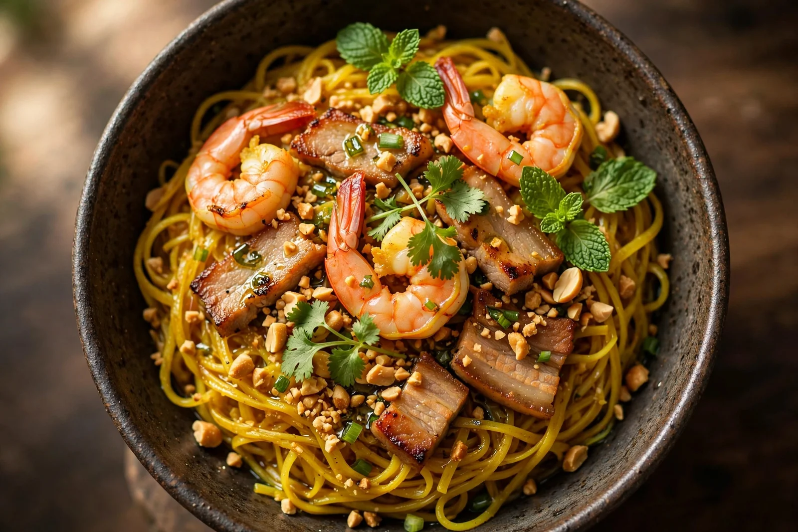 Close-up of golden turmeric noodles topped with shrimp, seared pork, peanuts, and fresh herbs