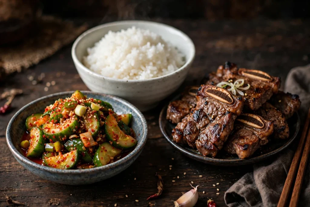 Oi muchim served as Korean banchan alongside steamed rice and grilled meat
