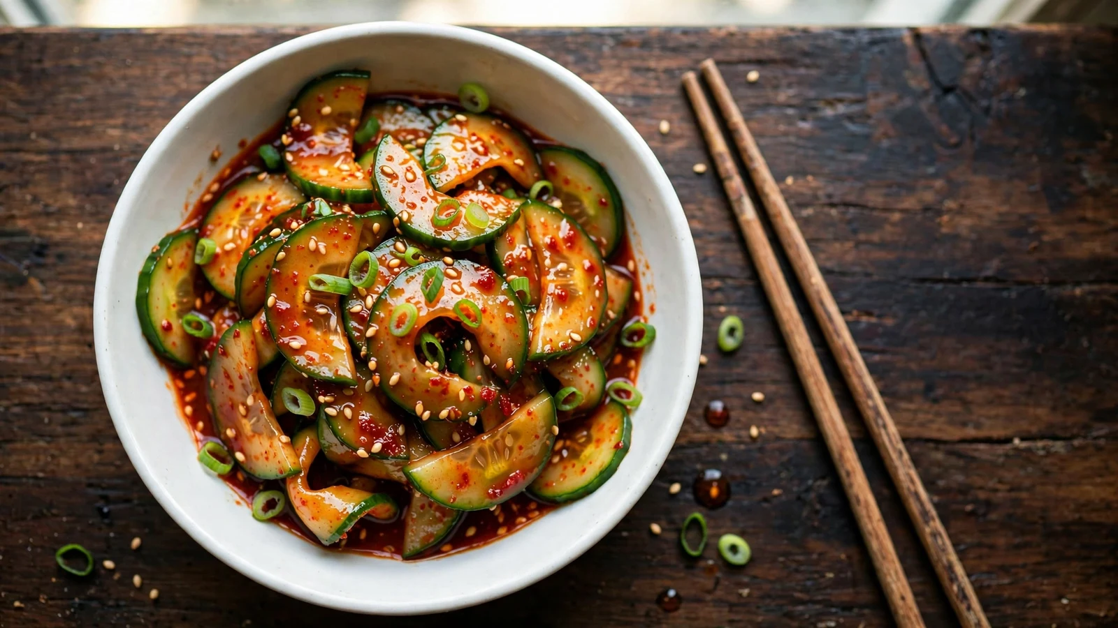 Korean spicy cucumber salad (oi muchim) with gochugaru dressing in a white bowl
