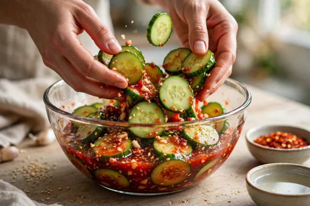 Tossing Korean cucumber slices with spicy gochugaru dressing in a glass bowl