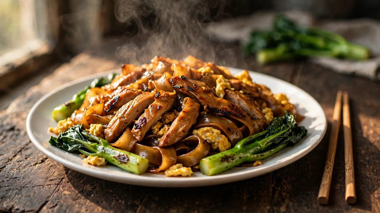 Pad see ew: glossy wide rice noodles with chicken, Chinese broccoli, and egg in sweet-savory soy sauce