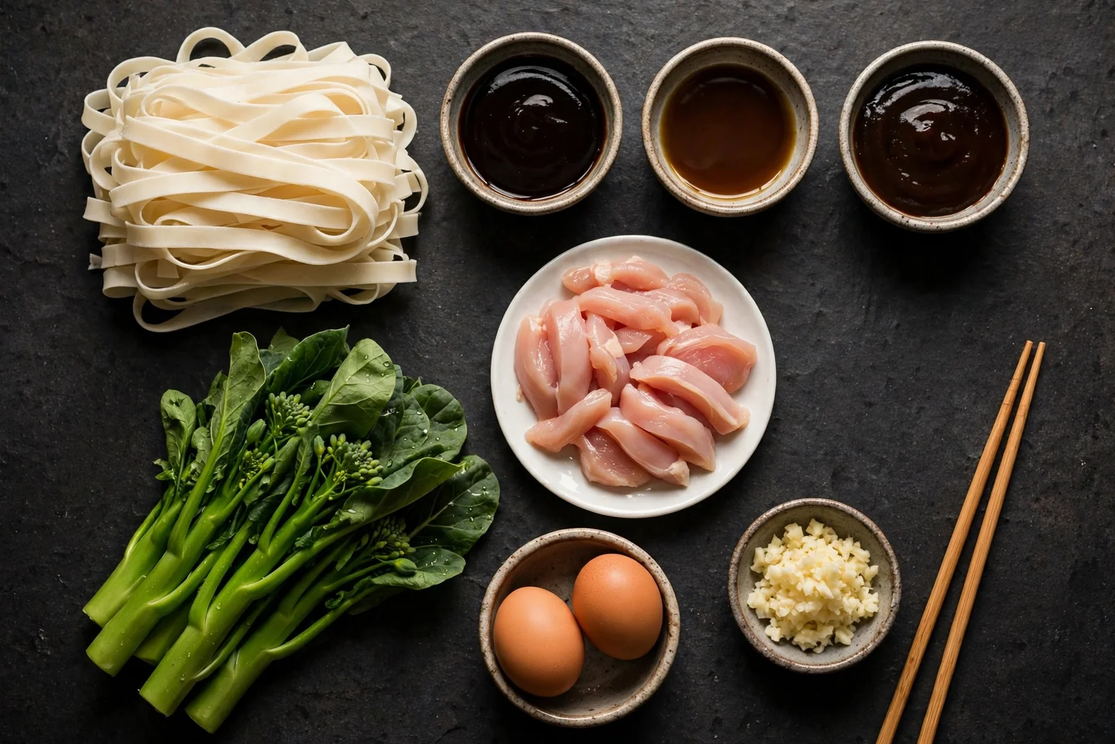Pad see ew ingredients: fresh wide rice noodles, soy sauces, sliced chicken, Chinese broccoli, eggs, and garlic