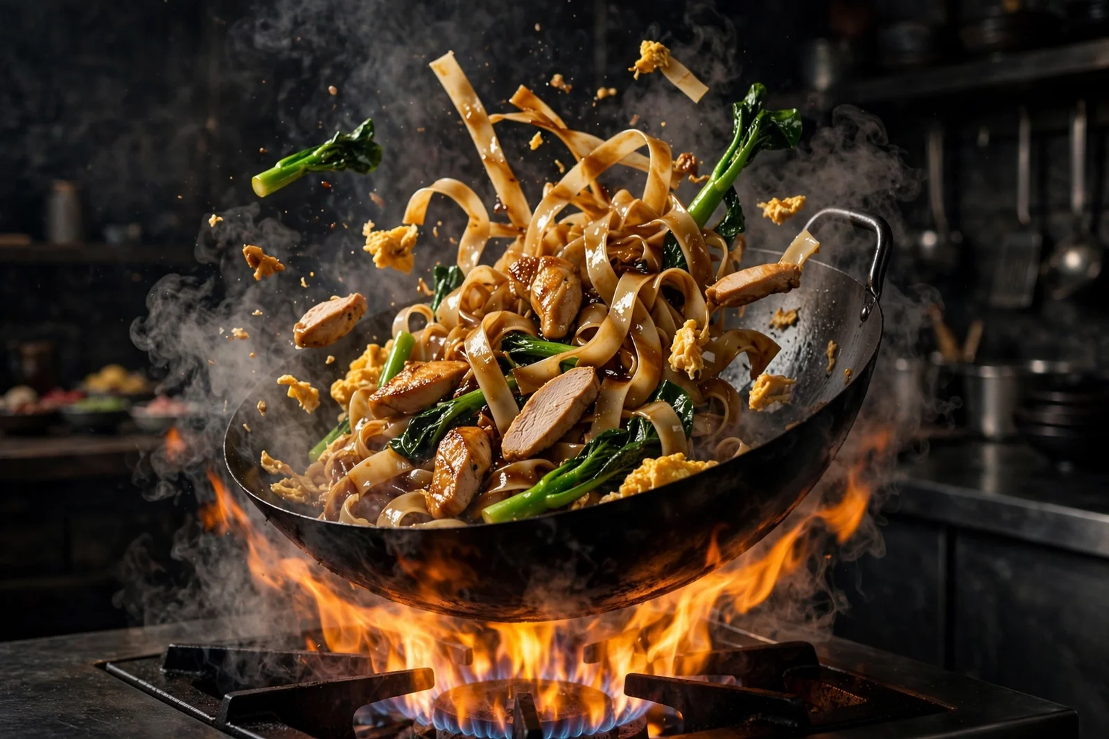 Tossing wide rice noodles in a blazing hot wok for pad see ew