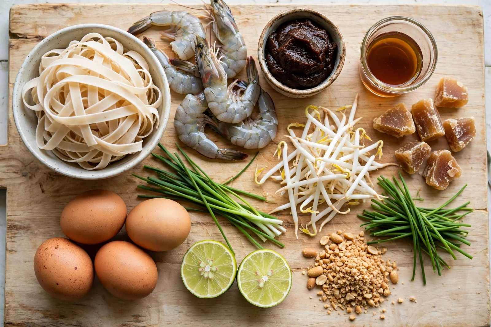 Pad Thai ingredients laid out on a cutting board