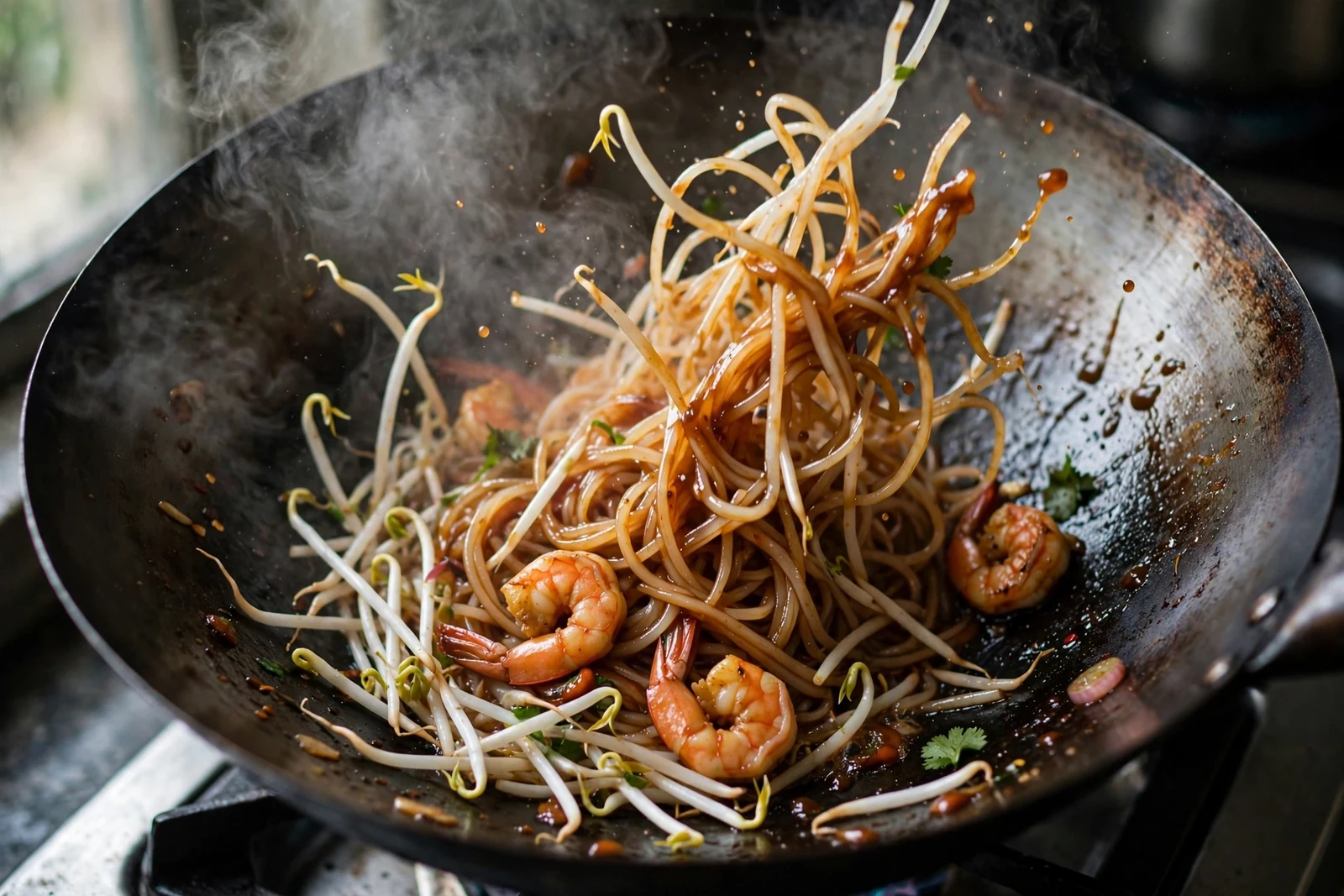 Rice noodles being tossed in a hot wok with tamarind sauce