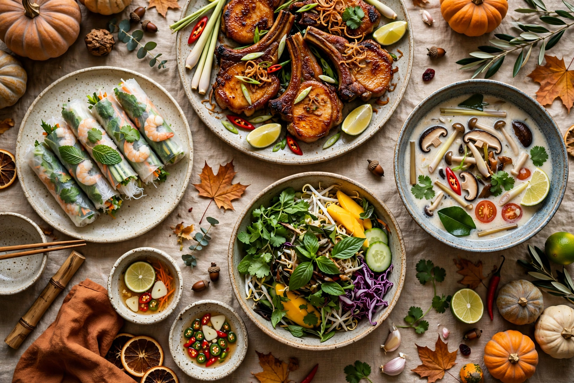 Pan-Asian Thanksgiving table with lemongrass pork chops, spring rolls, and coconut soup
