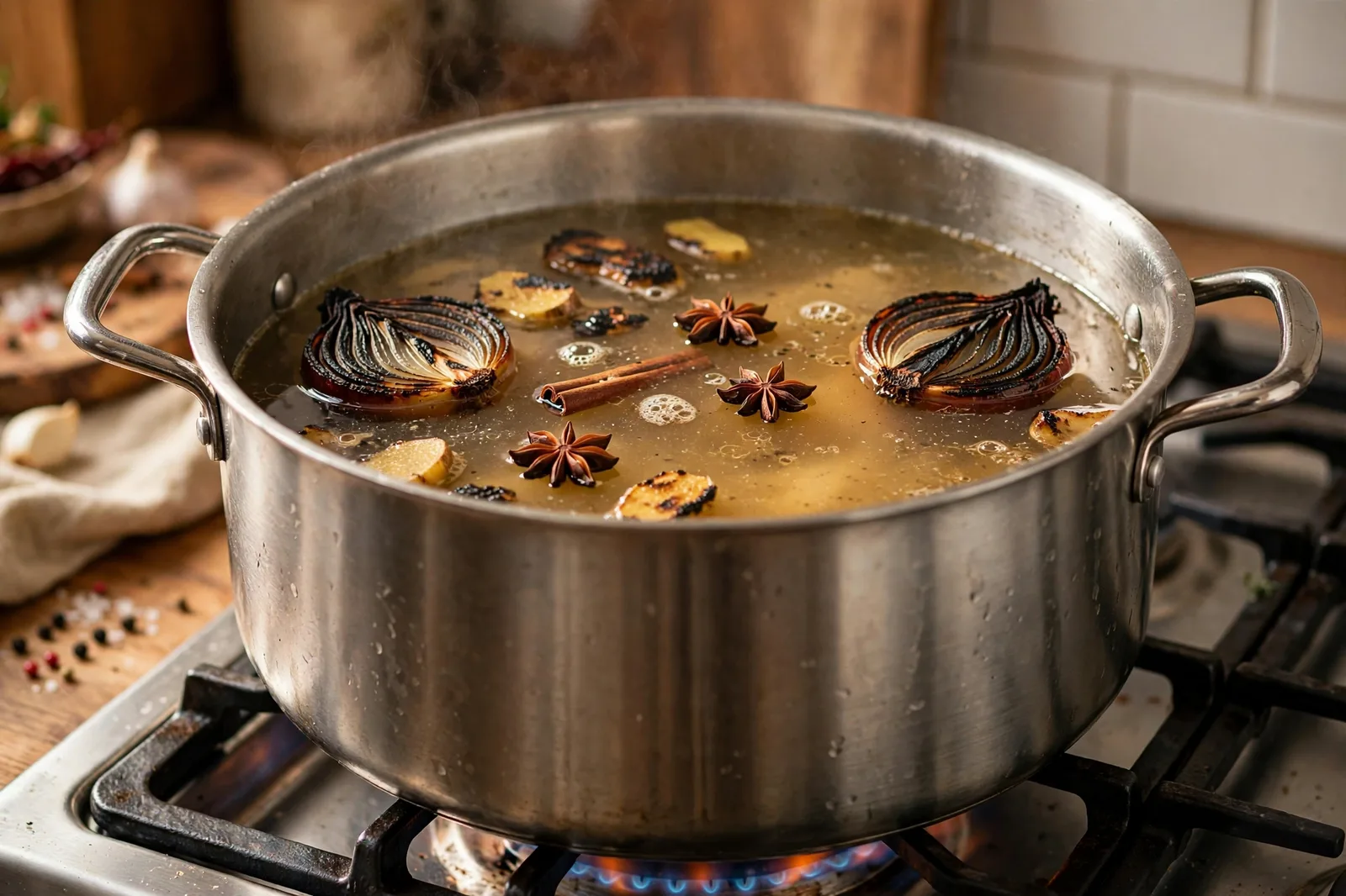 Stockpot of clear golden chicken broth simmering with charred ginger, onion, star anise, and cinnamon