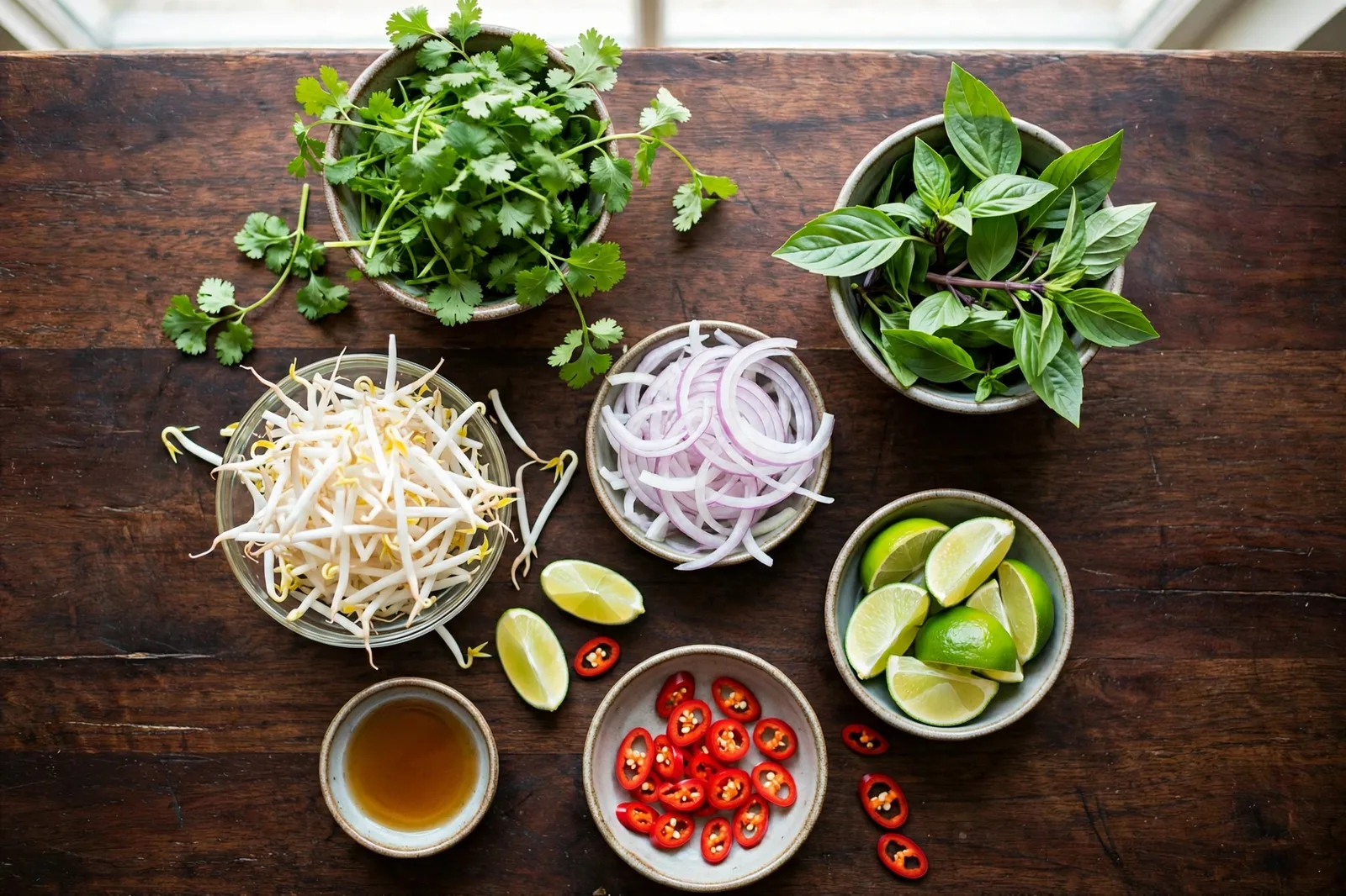Fresh pho toppings arranged in small bowls: cilantro, Thai basil, bean sprouts, sliced onion, lime wedges, and chilies