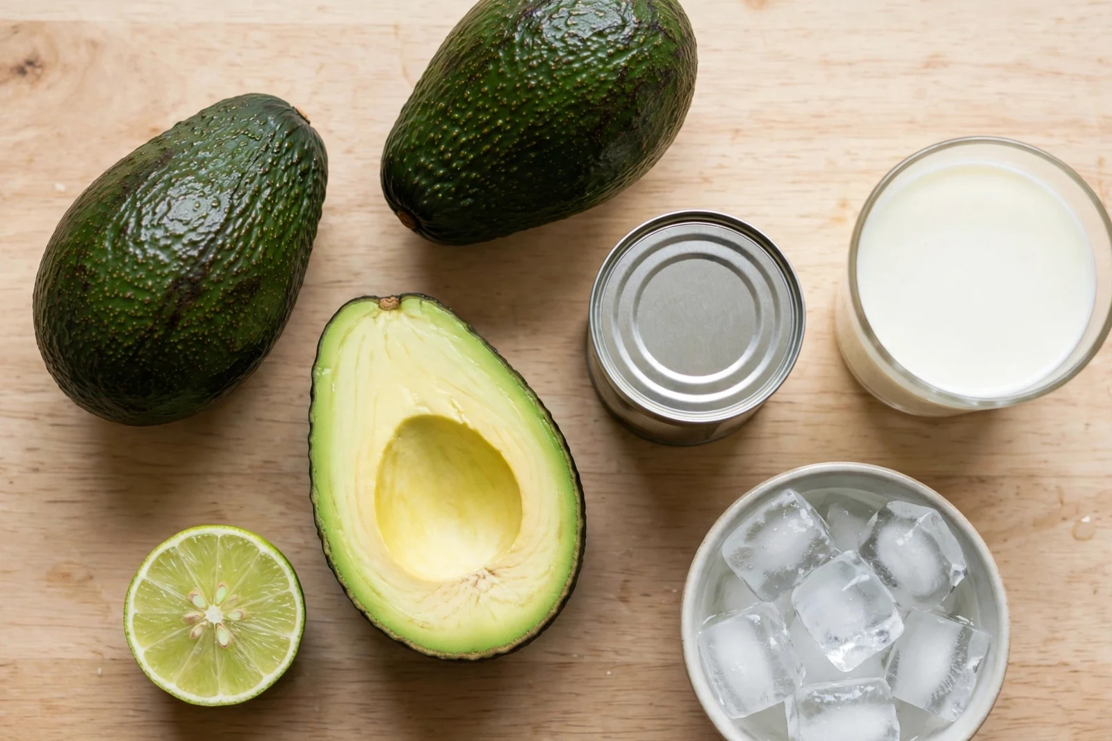 Ripe avocados, sweetened condensed milk, milk, ice, and lime arranged on a wooden surface