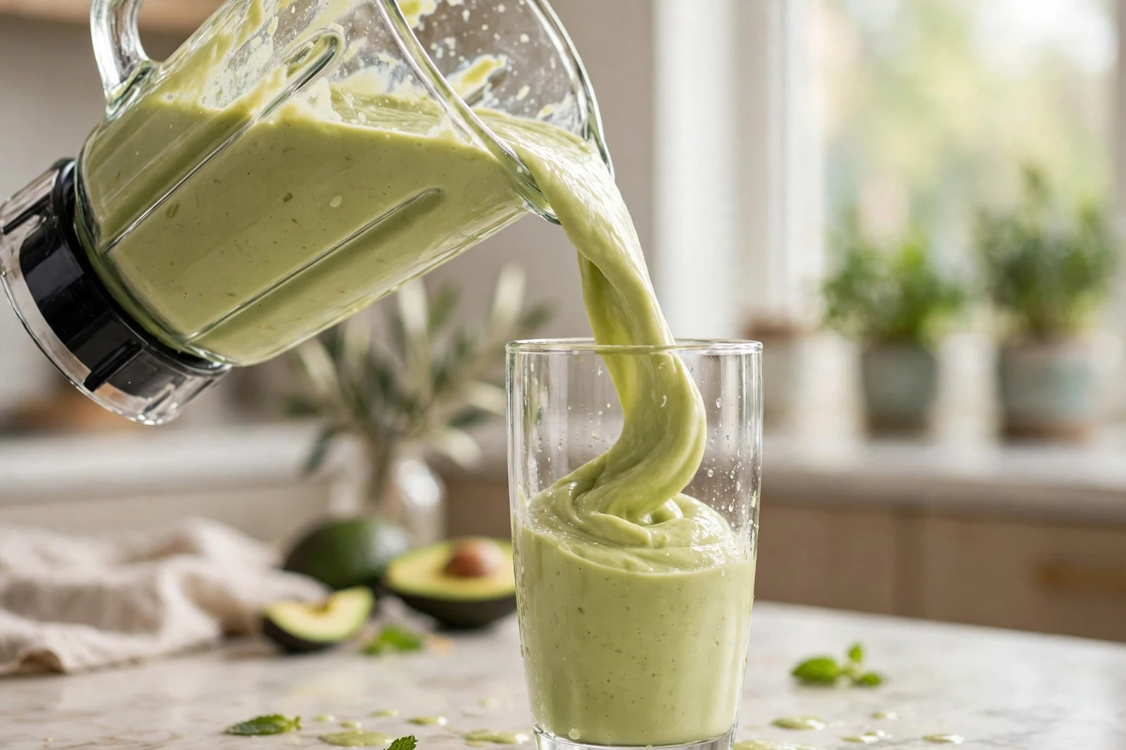 Thick green avocado smoothie being poured from a blender into a tall glass