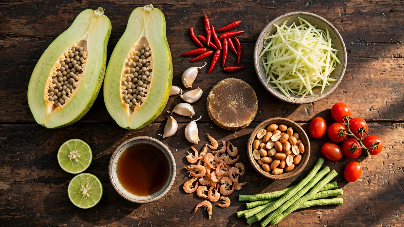 Ingredients for som tum: green papaya, Thai chiles, garlic, palm sugar, limes, fish sauce, dried shrimp, peanuts, long beans, and cherry tomatoes