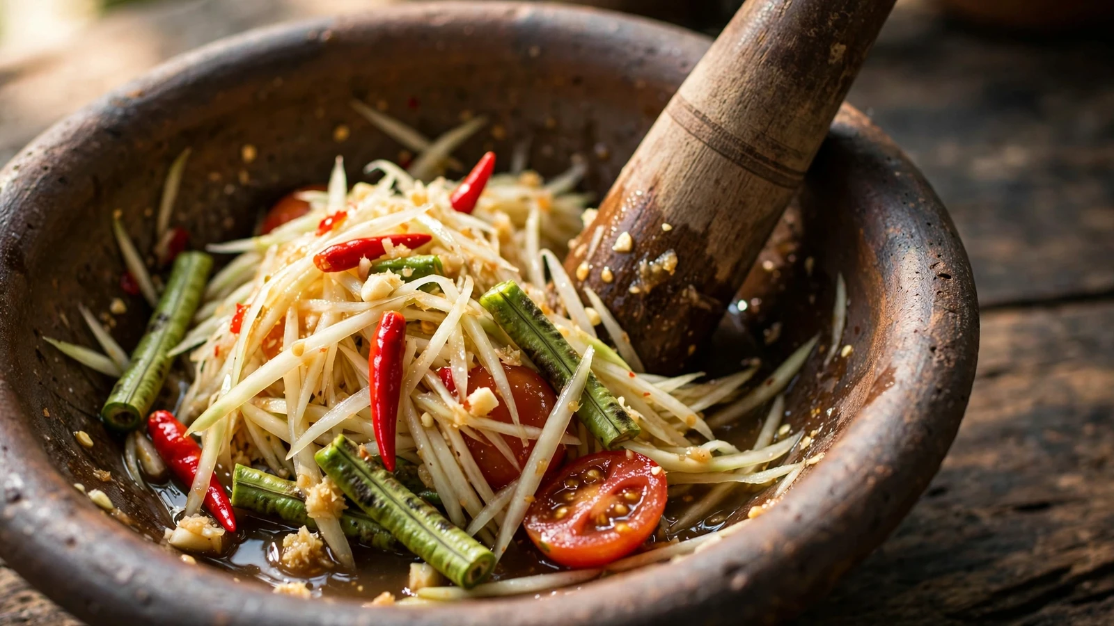 Shredded green papaya, chiles, garlic, and long beans being pounded in a clay mortar with a wooden pestle