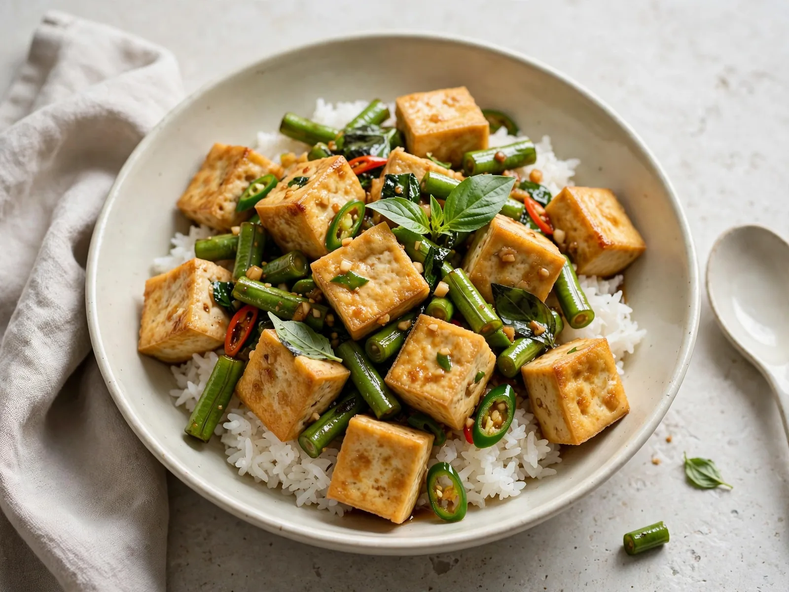 Thai basil tofu stir-fry with green beans over rice