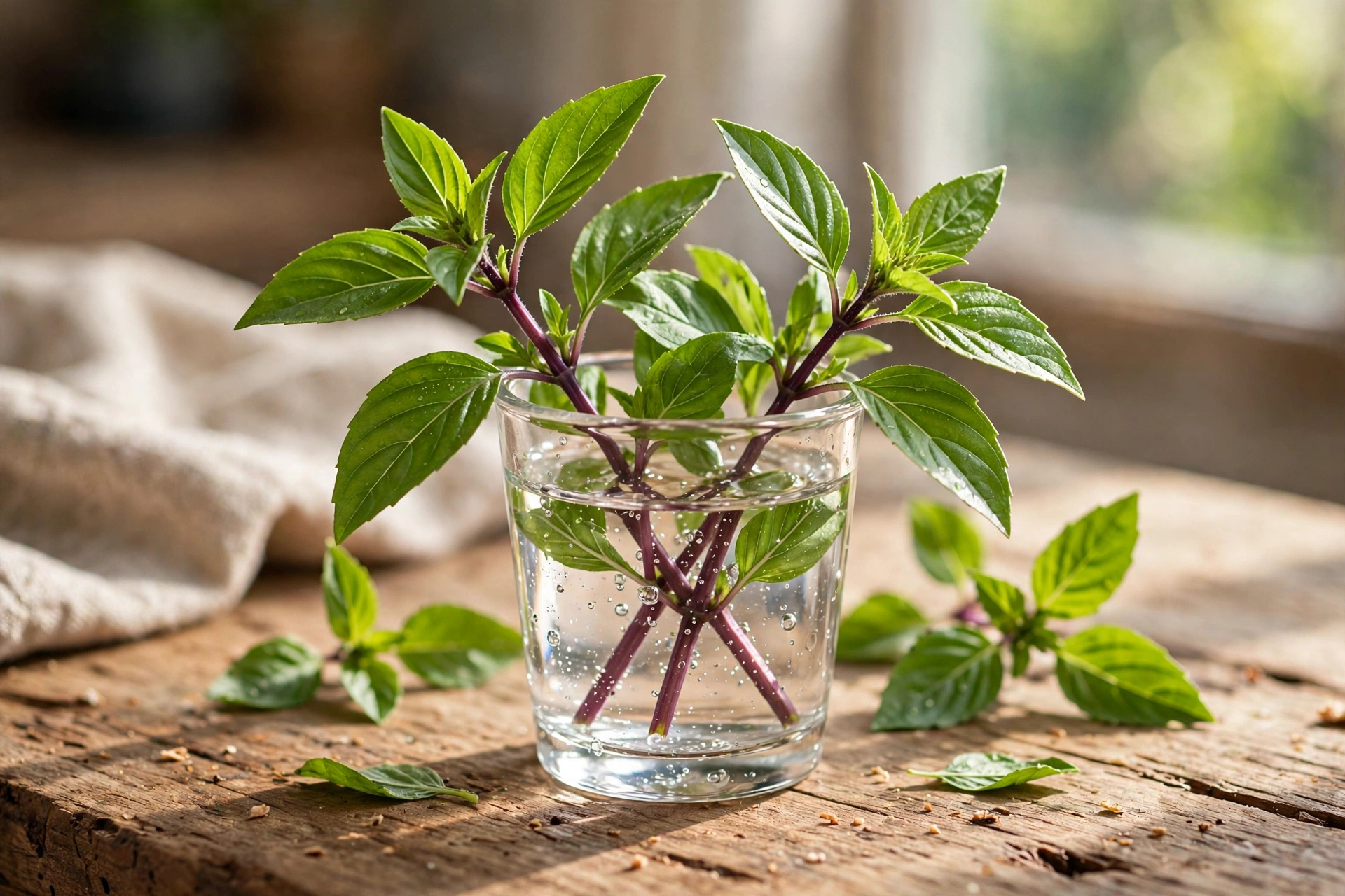 Thai basil leaves with purple-tinged stems