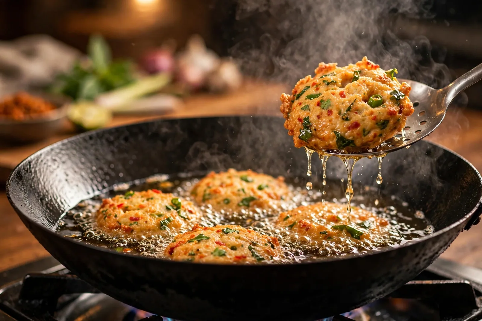 Golden tod mun pla fish cakes frying in a wok, one being lifted with a slotted spoon
