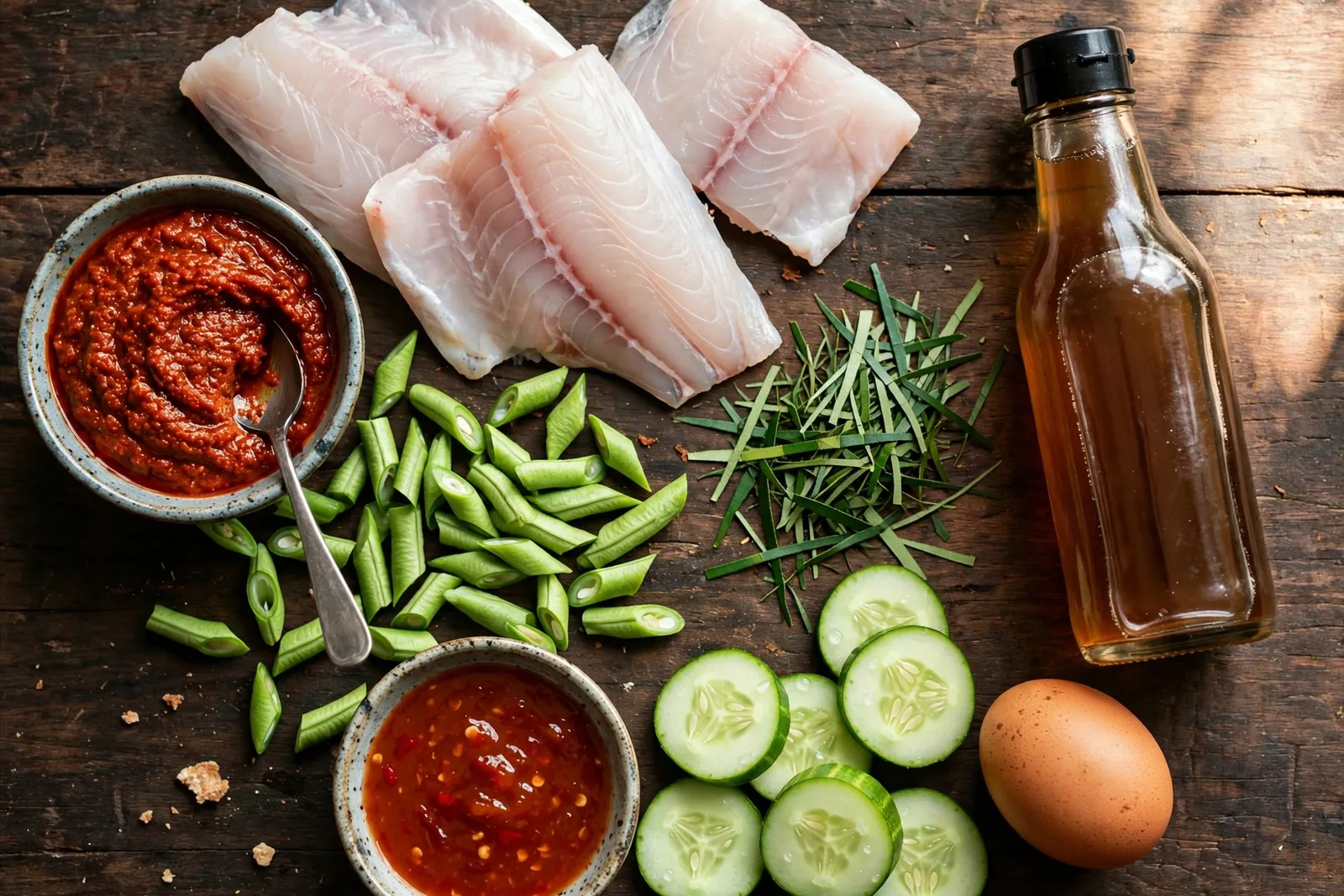 Ingredients for tod mun pla: white fish fillets, red curry paste, sliced green beans, kaffir lime leaves, fish sauce, egg, and sweet chili sauce