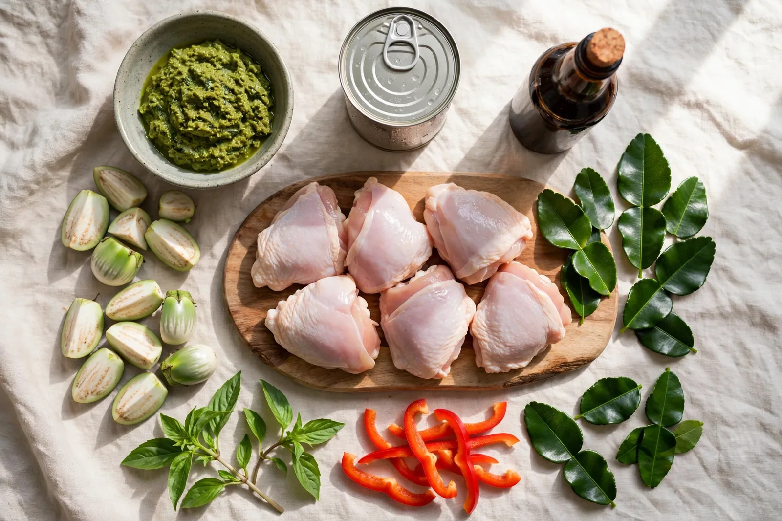 Fresh ingredients for Thai green curry: green curry paste, coconut milk, chicken thighs, Thai basil, kaffir lime leaves, Thai eggplant, and red bell pepper