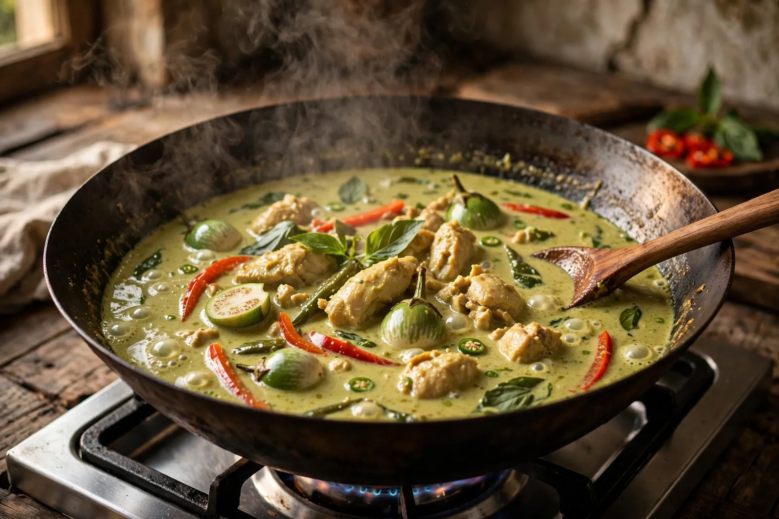 Thai green curry with chicken simmering in a wok
